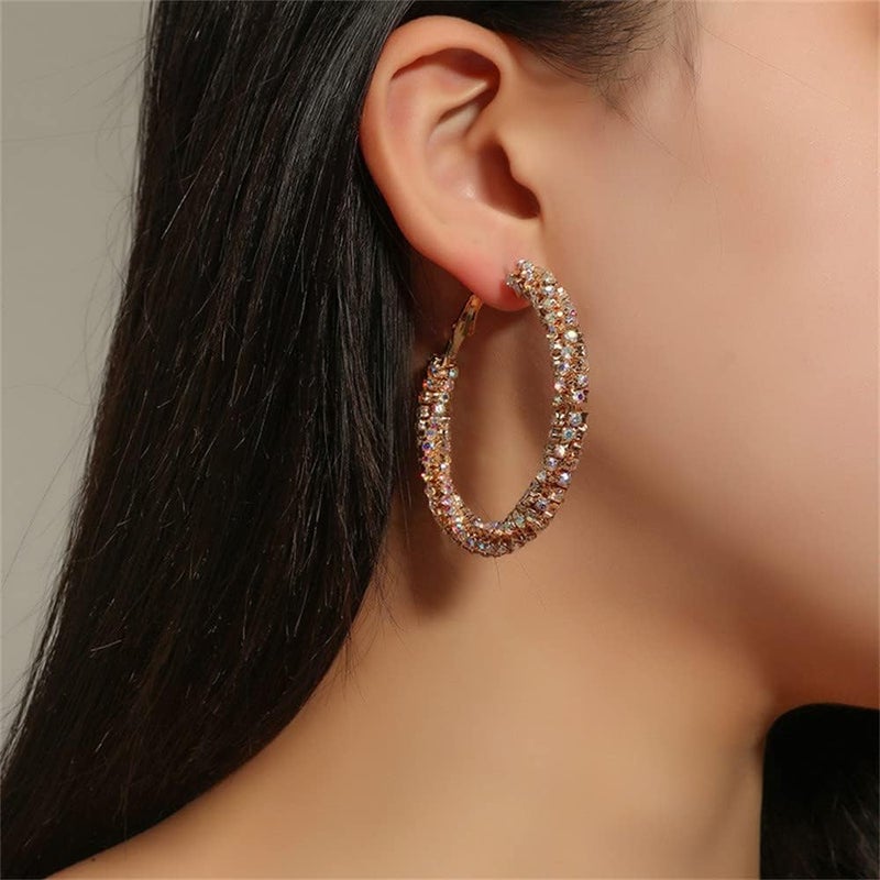 Dtja Shiny Big Hoop Earrings for Women Girls Boho Rhinestone Wrapped Hoops Dangle Huggie Earring Lightweight Comfortable Sparkle Wedding Christmas Birthday Jewelry Gifts 50mm - Image 3